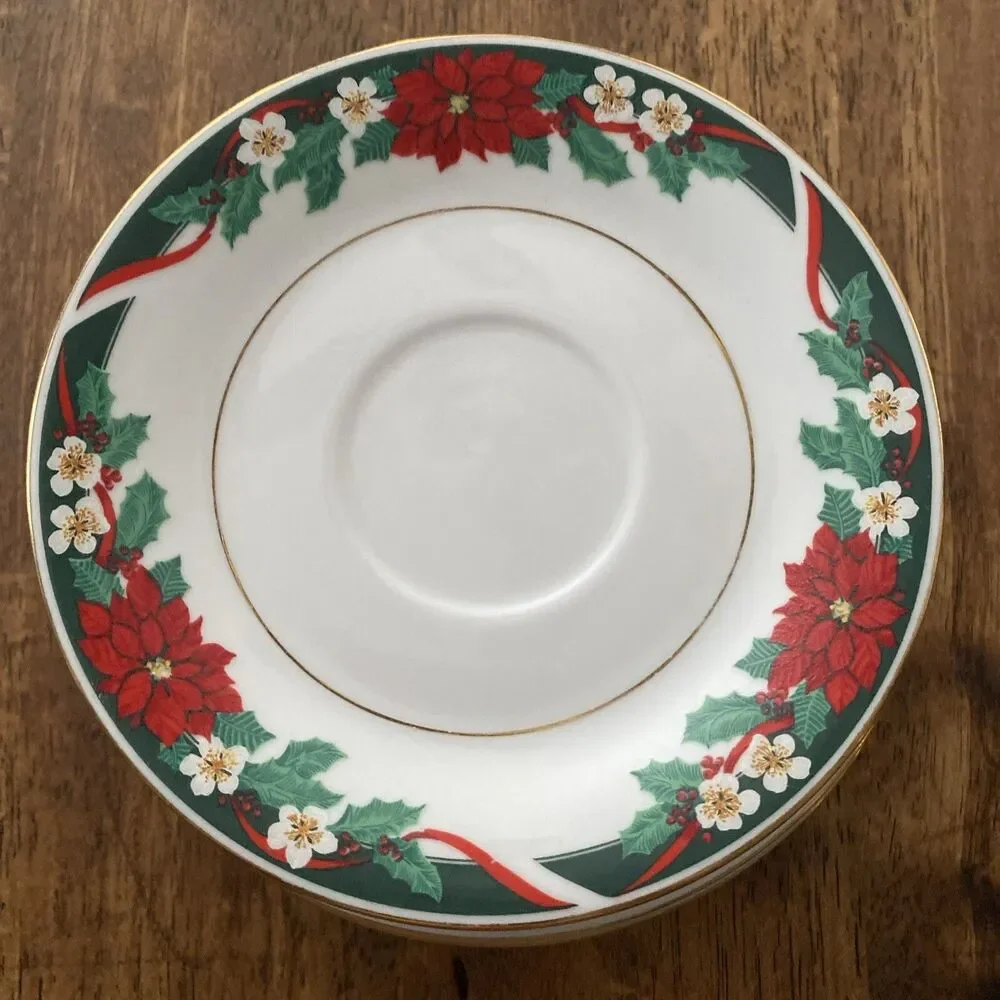 6 Vintage Poinsettia Christmas Saucer Plates Tienshan Fine China Deck Halls 6”